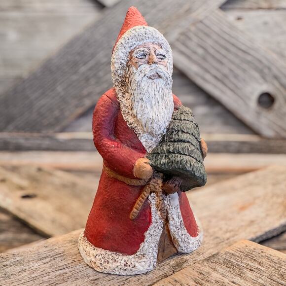 1988 Vintage Old World Santa Claus Figurine Holding Christmas Tree-6”H, Rustic - Picture 5 of 8